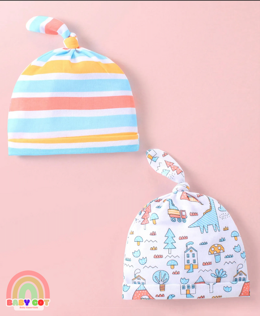 100% Cotton Interlock Knit Striped & Printed Caps with Knot Detailing - Pack of 2 - White & Blue