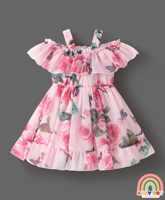 Cold Shoulder Sleeves Frock with Floral Print & Frill Detailing - Pink