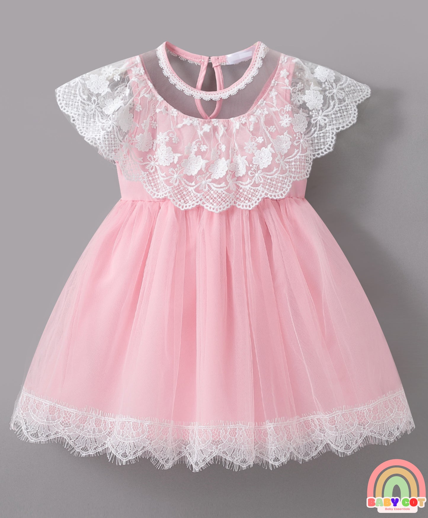 Sleeveless Mesh Frock with Floral Corsage - Pink