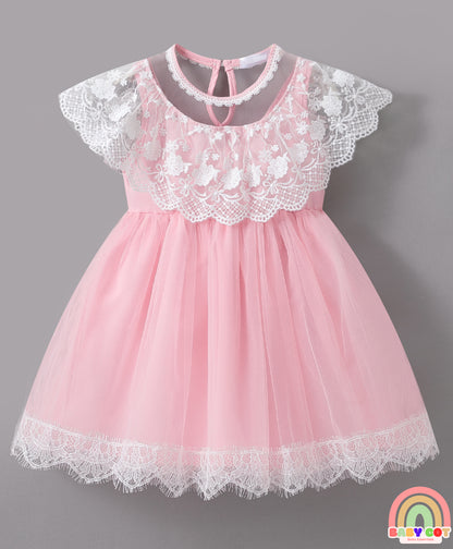 Sleeveless Mesh Frock with Floral Corsage - Pink