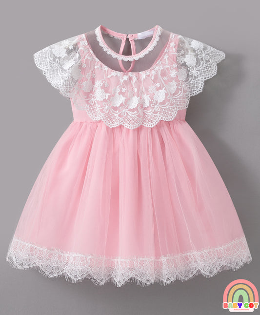 Sleeveless Mesh Frock with Floral Corsage - Pink