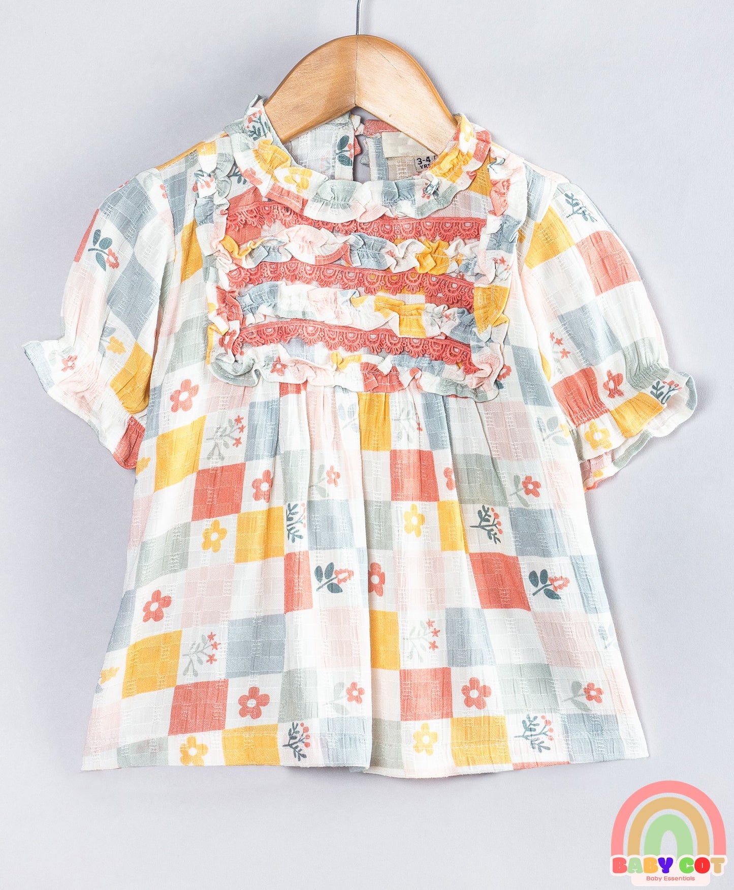 Cotton Woven Half Peasant Sleeves Floral Printed Checked Lace Detailed Top - Multi Colour