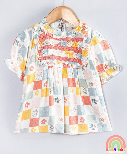 Cotton Woven Half Peasant Sleeves Floral Printed Checked Lace Detailed Top - Multi Colour
