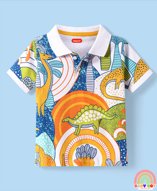 Cotton Knit Half Sleeves Polo T-Shirt with Dino Print - White