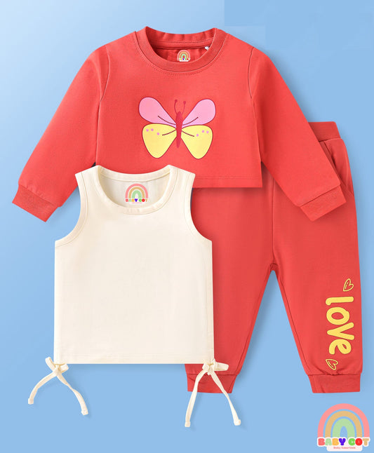Full Sleeves Butterfly Printed T-Shirt & Lounge Pant Set With Inner Top - Red