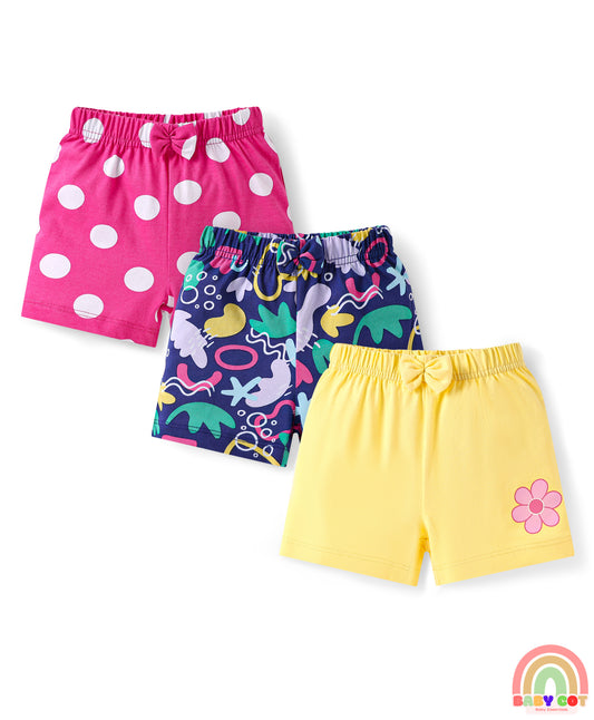 Cotton Single Jersey Knit Mid Thigh Shorts With Floral & Polka Dot Print Pack of 3 - Pink Navy & Yellow