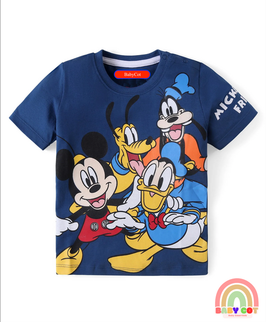 Cotton Knit Half Sleeves T-Shirt with Mickey Mouse and Family Print - Blue