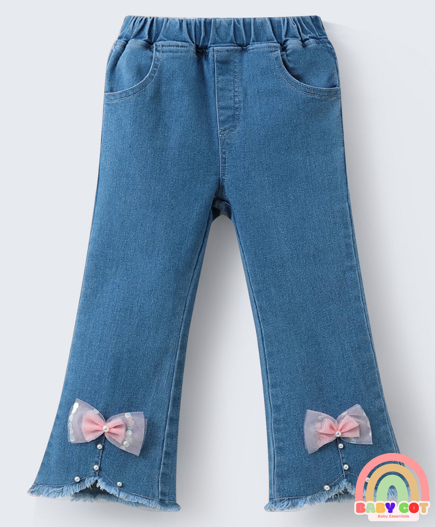 Full Length Washed Bootcut Denim Jeans with Bow Applique - Blue
