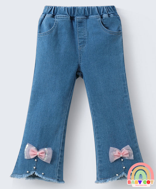 Full Length Washed Bootcut Denim Jeans with Bow Applique - Blue