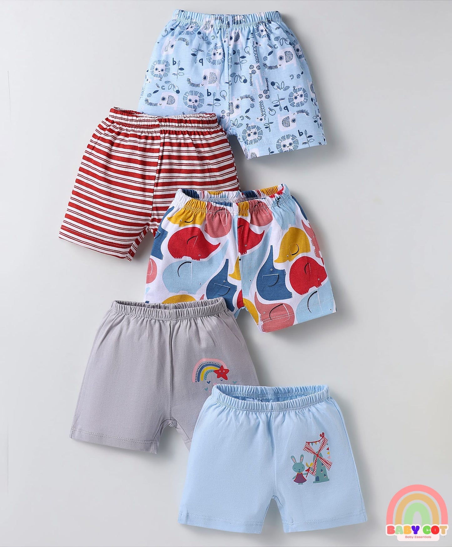 Single Jersey Knit Above Knee Length Shorts With Animal Print & Stripes Pack Of 5 - Multicolour