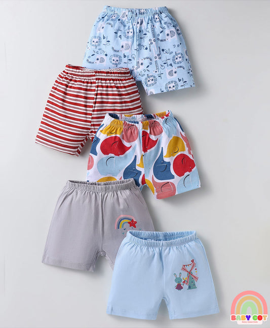 Single Jersey Knit Above Knee Length Shorts With Animal Print & Stripes Pack Of 5 - Multicolour