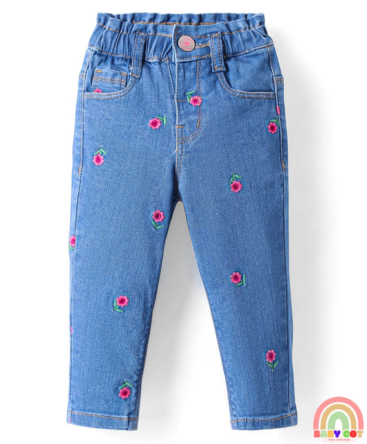 Full Length Stretchable Denim Jeans with Floral Embroidery - Blue