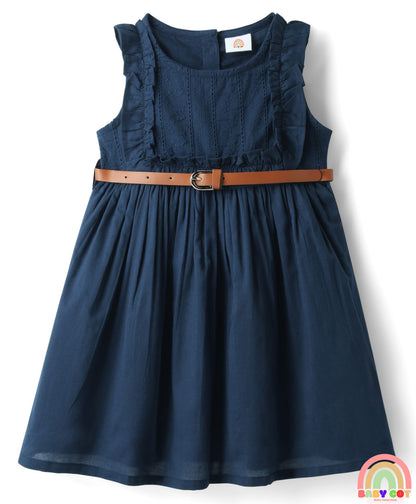Cotton Woven Sleeveless Solid Frock With Belt - Navy Blue