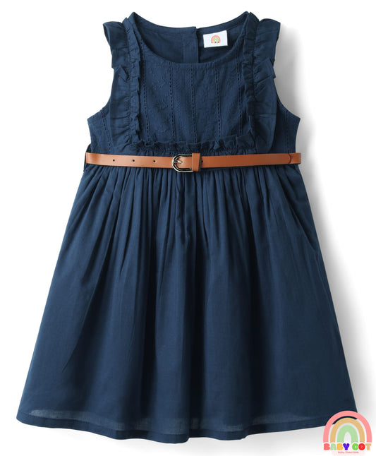 Cotton Woven Sleeveless Solid Frock With Belt - Navy Blue