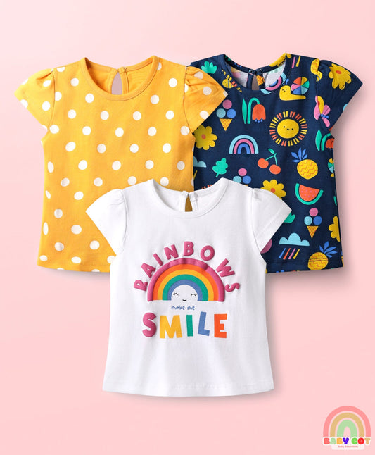 100% Cotton Knit Half Sleeves T-Shirts with Rainbow & Polka Dots Print Pack of 3 - Yellow Navy Blue & White