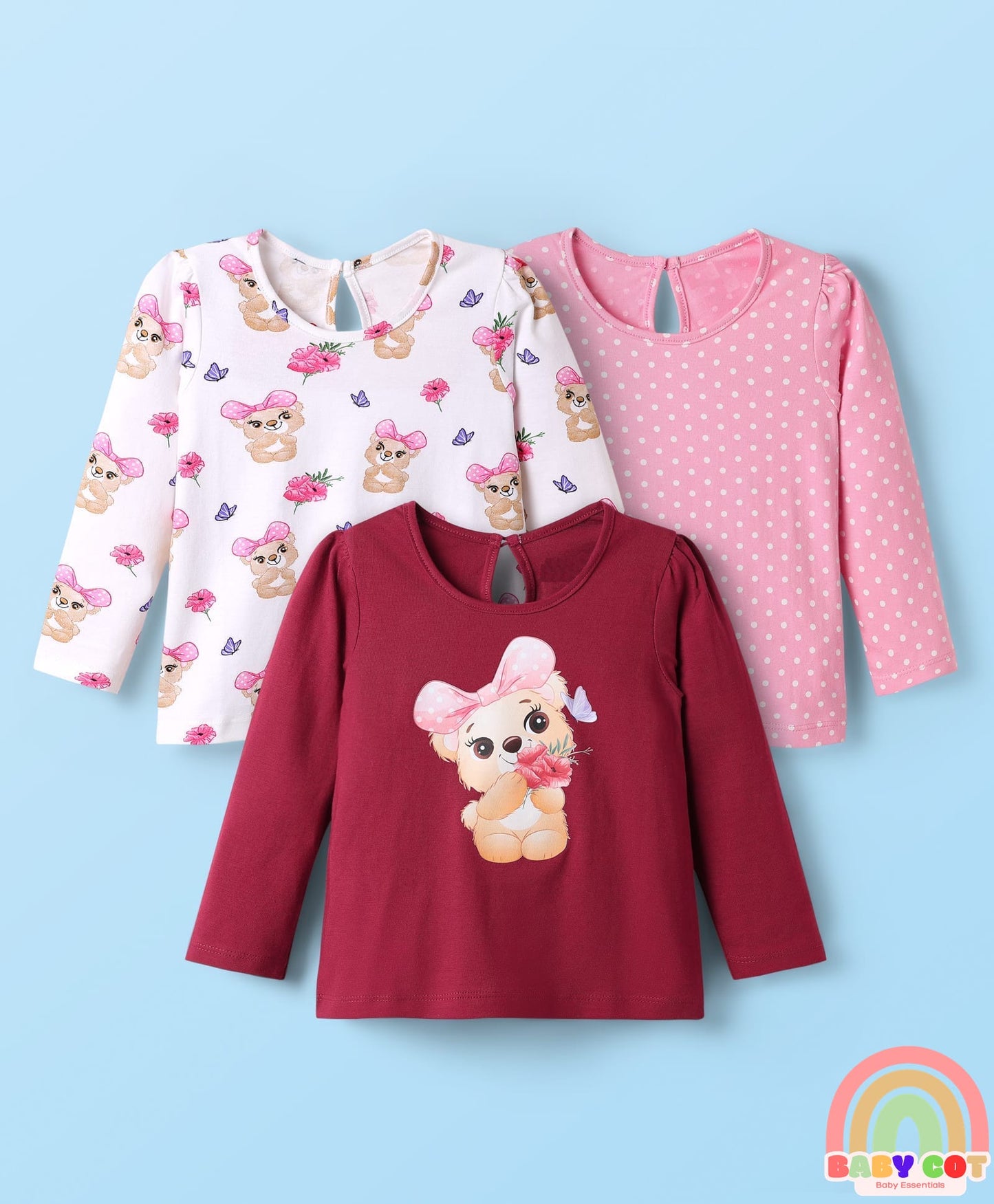 Cotton Knit Full Sleeves T-Shirts With Bear & Polka Dot Print Pack of 3 - Pink & Maroon