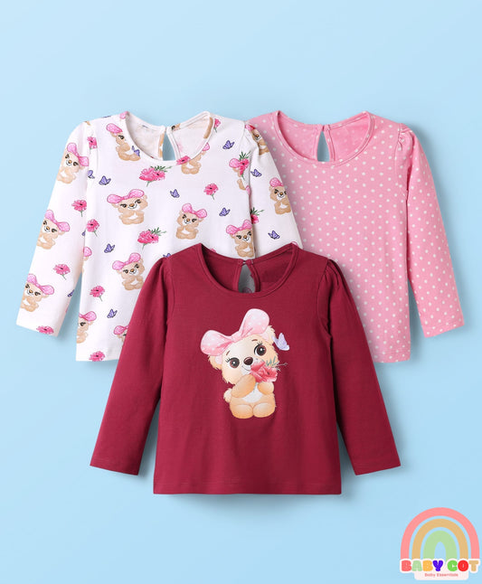 Cotton Knit Full Sleeves T-Shirts With Bear & Polka Dot Print Pack of 3 - Pink & Maroon