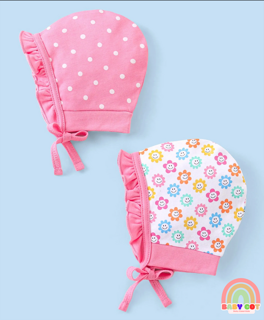 100% Cotton Cap with Knot Polka Dot & Floral Print Pack of 2 - Pink