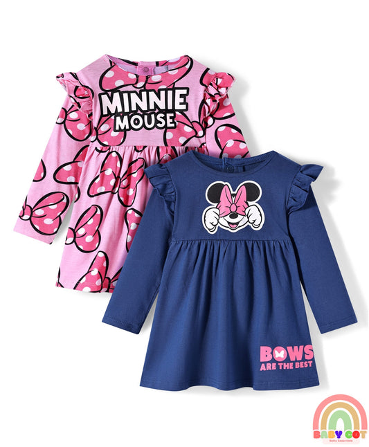 Single Jersey Knit Full Sleeves Frocks With Minnie Mouse Graphics & Frill Detailing Pack of 2 - Pink & Navy Blue
