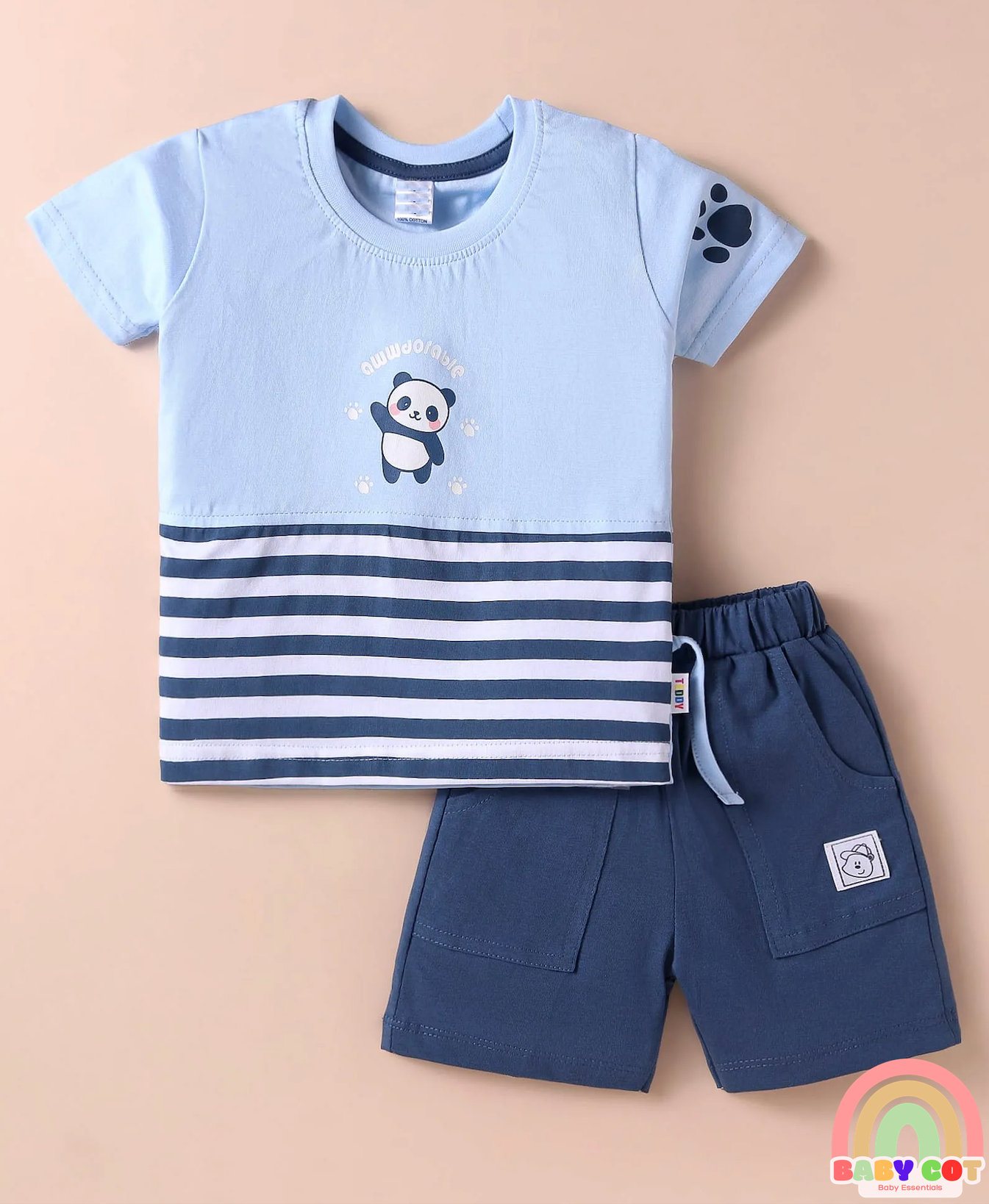 Sinker Knit Half Sleeves T-Shirt & Shorts Set With Panda Print - Light Blue