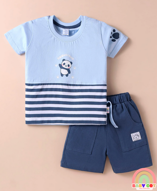 Sinker Knit Half Sleeves T-Shirt & Shorts Set With Panda Print - Light Blue