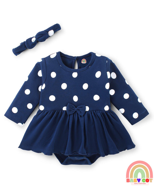 100 % Cotton Knit Full Sleeves Frock Style Onesie With Hairband Polka Dot Print-Navy Blue