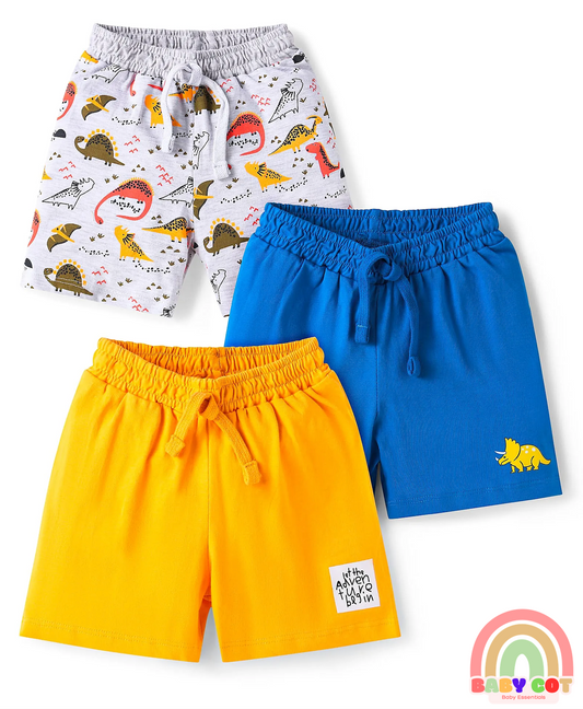 Cotton Knit Mid Thigh Length Shorts with Dino Print Pack of 3 - Grey Blue & Yellow