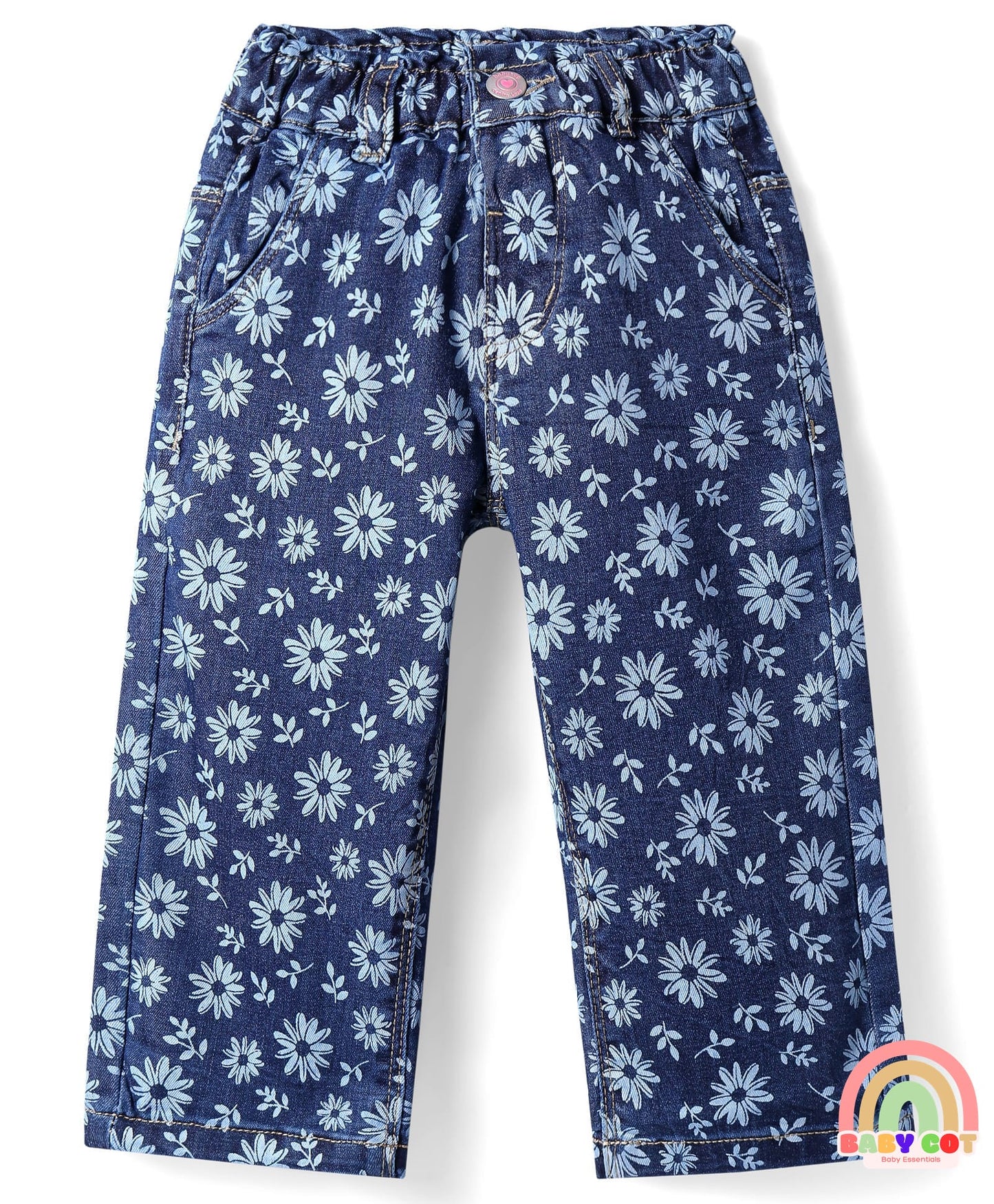 Denim Full Length Stretch Jeans With Floral Print - Blue