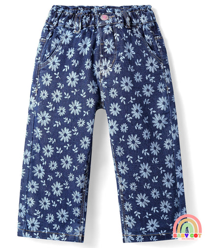 Denim Full Length Stretch Jeans With Floral Print - Blue