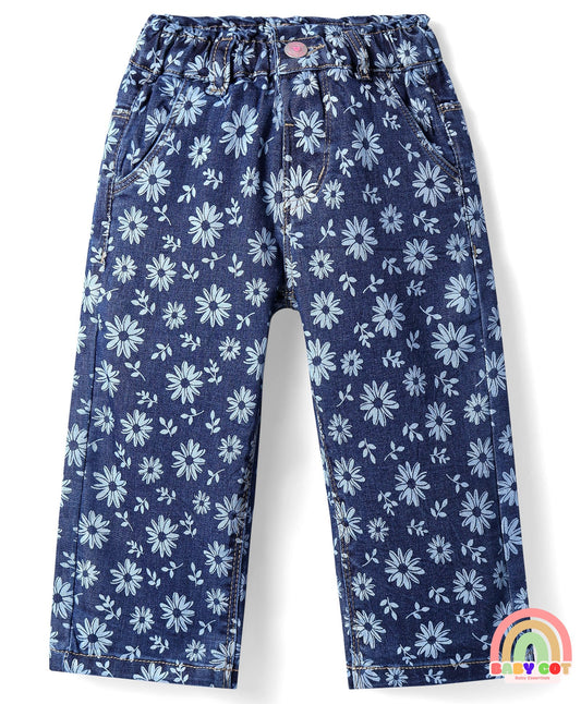 Denim Full Length Stretch Jeans With Floral Print - Blue
