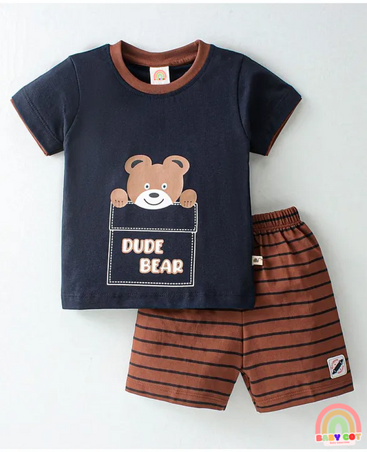 100% Cotton Half Sleeves T-Shirt and Striped Shorts Set Teddy Print - Navy Blue