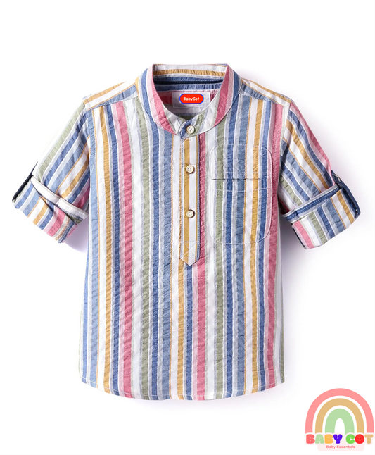 Cotton Woven Full Sleeves Mandarin Collar Shirt with Stripes - White & Pink