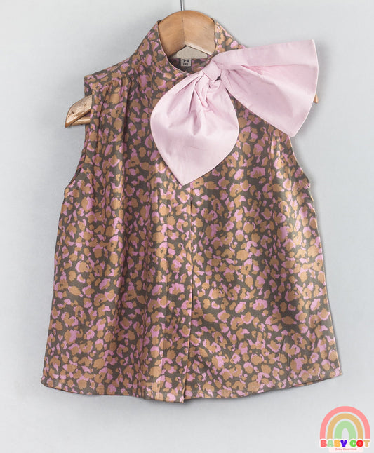 Cotton Woven Sleeveless Abstract Printed Bow Applique Detailed Top - Brown