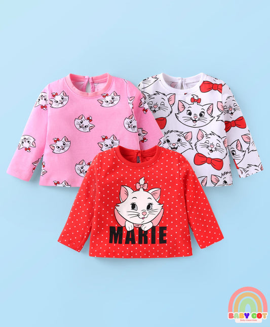 Single Jersey Knit Full Sleeves T-Shirts With Aristocats Marie Graphics Pack Of 3 - Pink Red & White