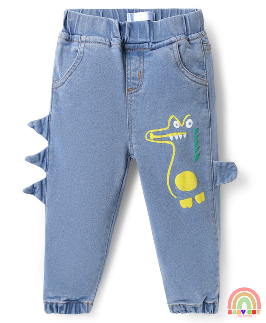 Denim Full Length Jeans with Dino Print & Spikes Detailing - Light Blue