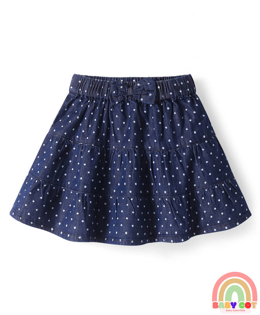 Denim Skirt with Polka Dots & Bow Applique - Navy Blue