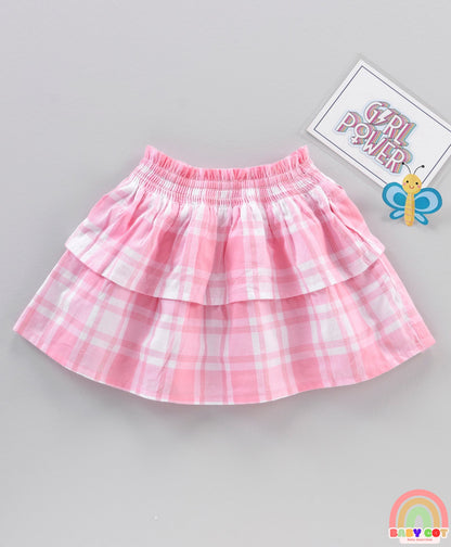 Mid Thigh Length Umbrella Cut Checked Skirt - Pink