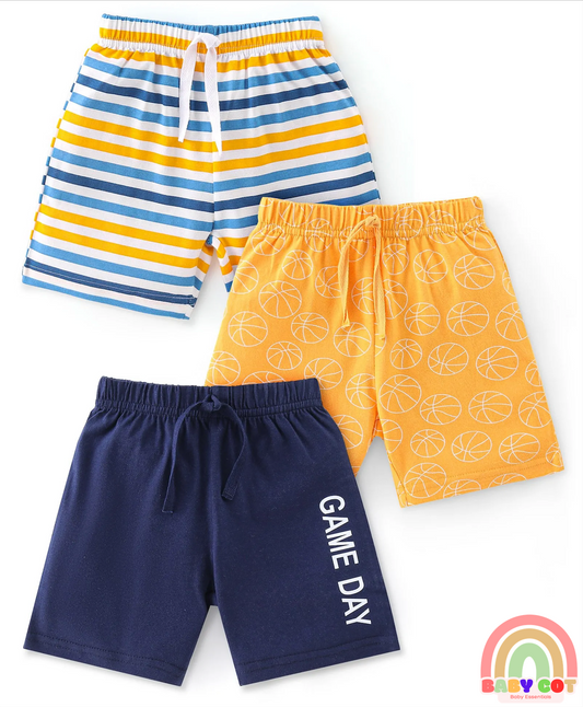 Cotton Knit Knee Length Striped Shorts Text & Balls Print Pack of 3 - Multicolour