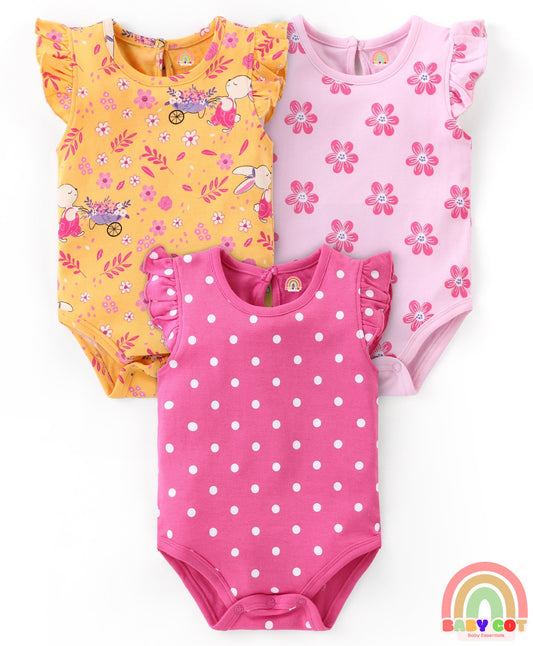 100% Cotton Knit Frill Sleeves Onesies with Floral & Polka Dot Print Pack of 3 - Multicolour