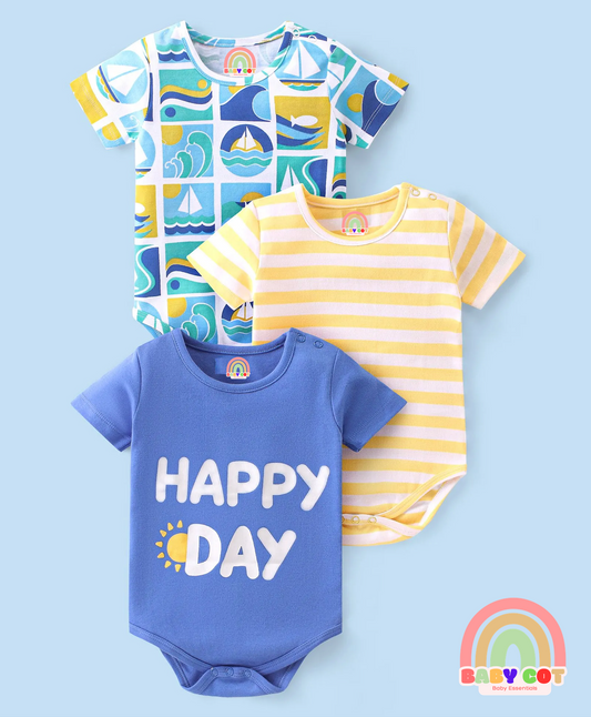 100% Cotton Half Sleeves Onesies With Text Print Pack of 3 - Green Yellow & Blue
