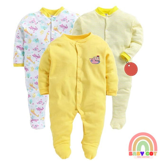 100% Cotton YellowRompers Sleepsuits Jumpsuit Night Suits for Infants Newborn Baby Boys & Girls