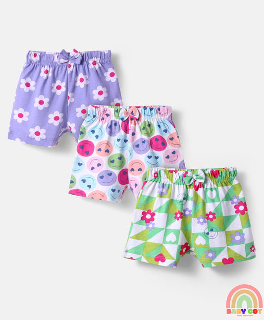 Cotton Knit Mid Thigh Length Shorts with Floral & Smiley Print & Bow Applique Pack of 3 - White Green & Lavender