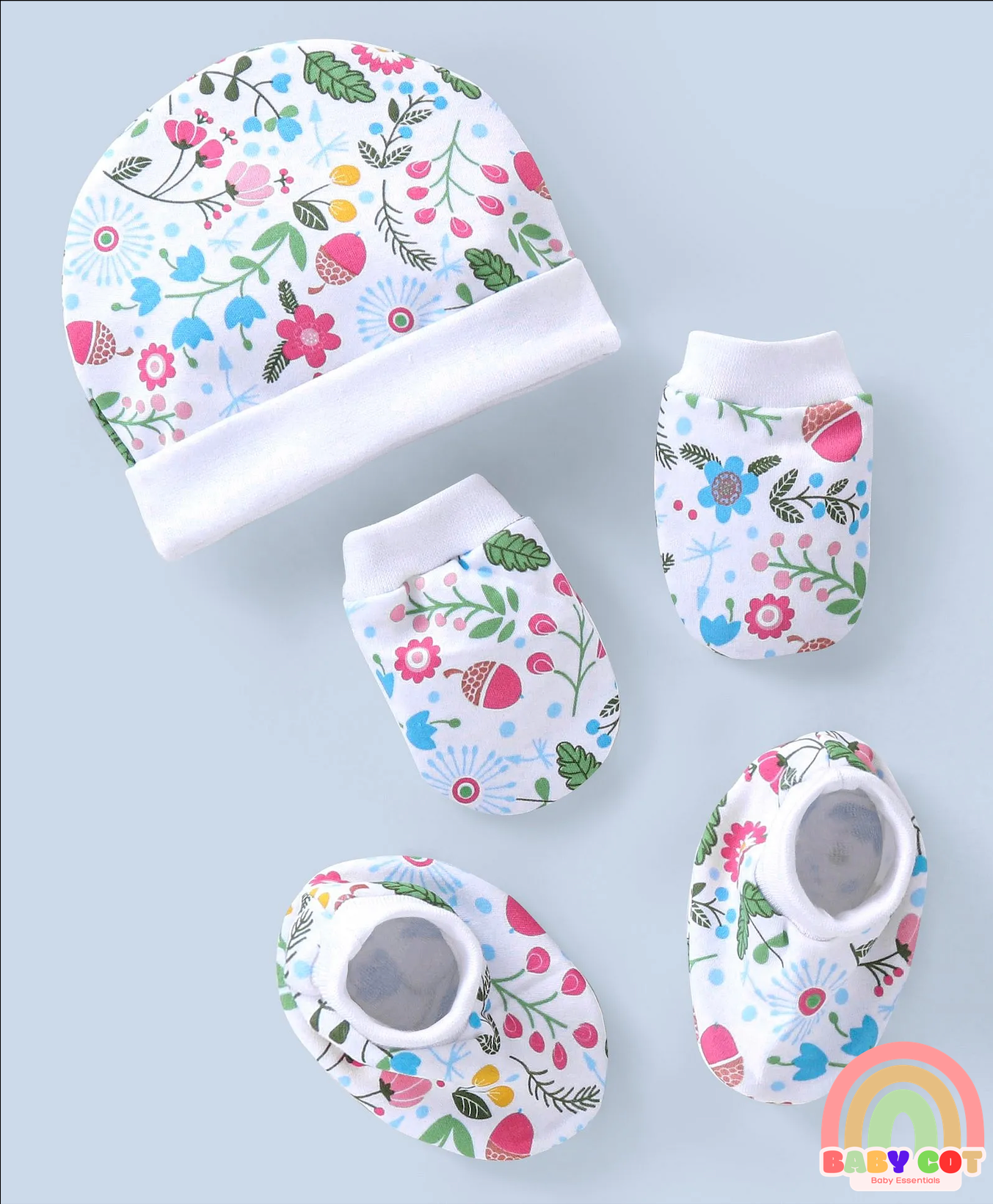 100% Cotton Cap Mitten & Booties Floral Print White- Diameter 11 CM