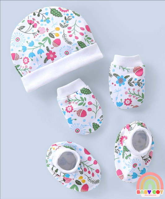 100% Cotton Cap Mitten & Booties Floral Print White- Diameter 11 CM