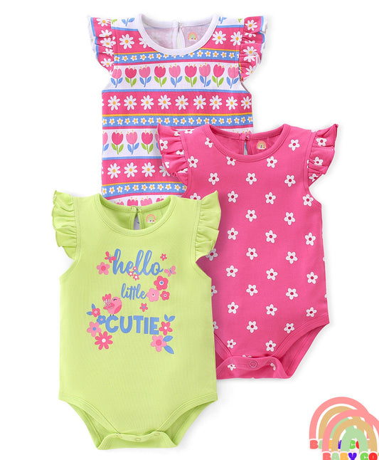 100% Cotton Knit Sleeveless with Frill Detailing Onesie Pack of 3 Text & Floral Print - Mutlicolour