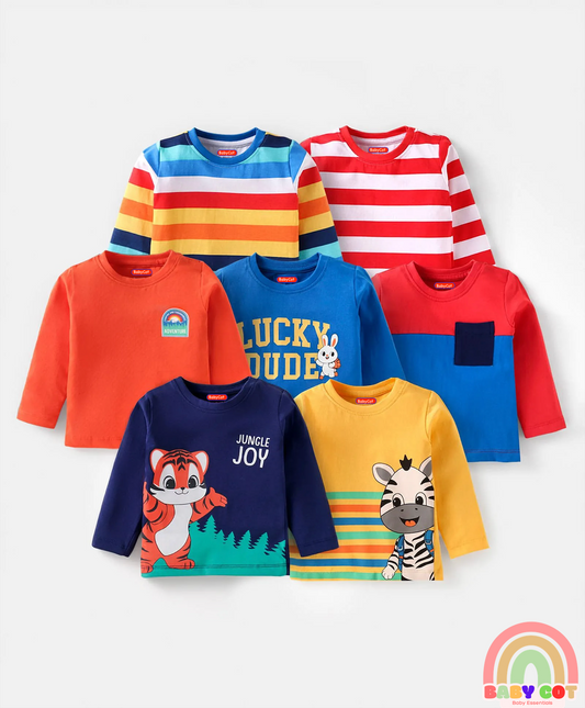 Cotton Knit Full Sleeves T-Shirts With Stripes Text & Animal Print Pack Of 7 - Blue Yellow Orange