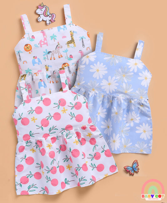 Cotton Knit Pack Of 3 Sleeveless Floral & Baby Animals Printed Dresses - Multi Colour