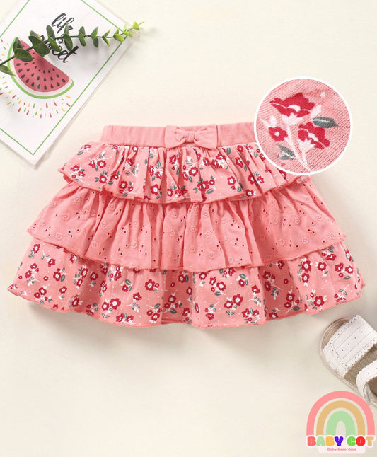 Knit Mid Thigh Floral Printed Skirt With Bow Applique - Pink