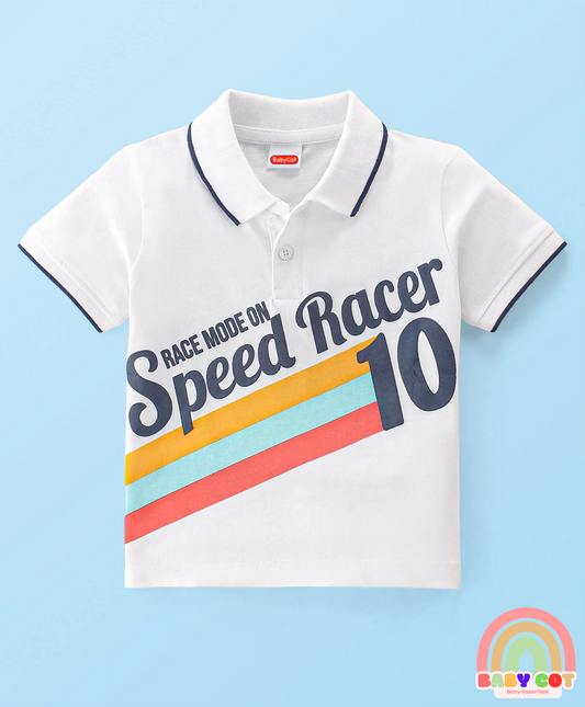 100% Cotton Knit Half Sleeves Polo T-Shirt with Text Graphics - White