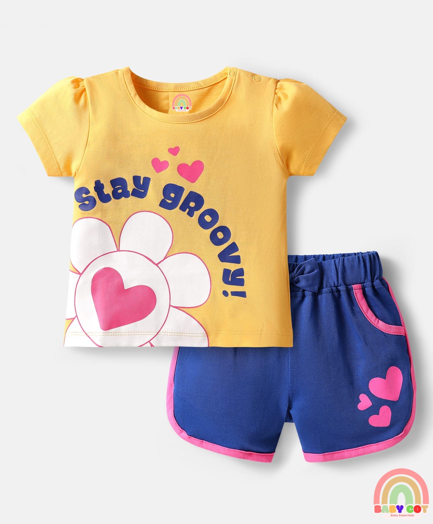 100% Cotton Knit Half Sleeve Heart Printed T-Shirt & Shorts Set - Navy Blue & Yellow